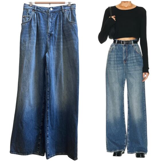 GRLFRND The Chloe Super High Rise Pleated Wide Leg Jeans Size 32 Cotton - Picture 1 of 14